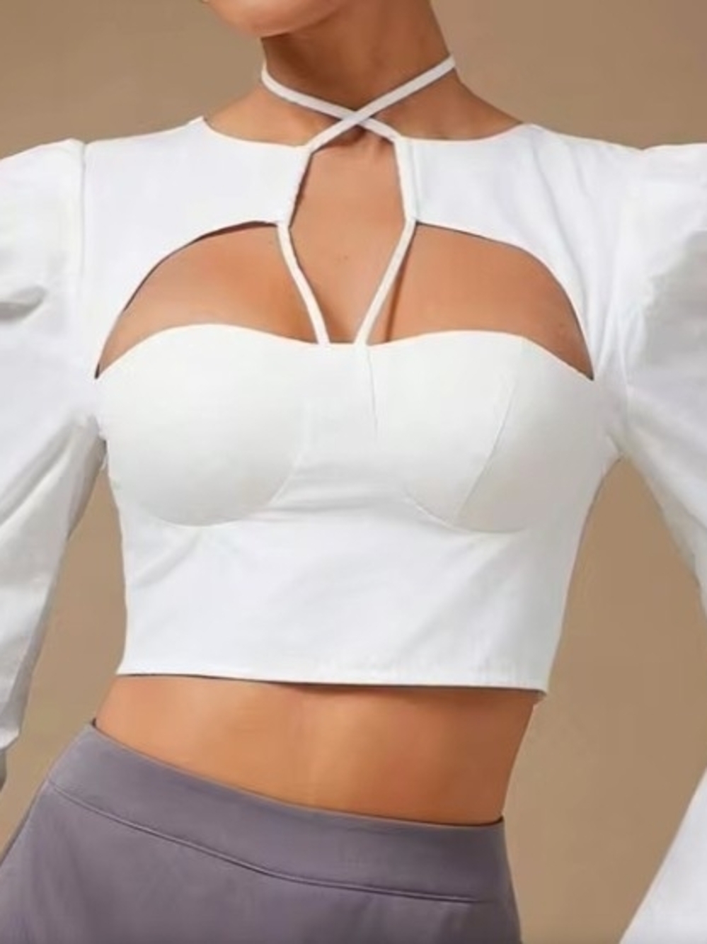 SHEIN White Long-Sleeve Cutout Strappy Crop Top
